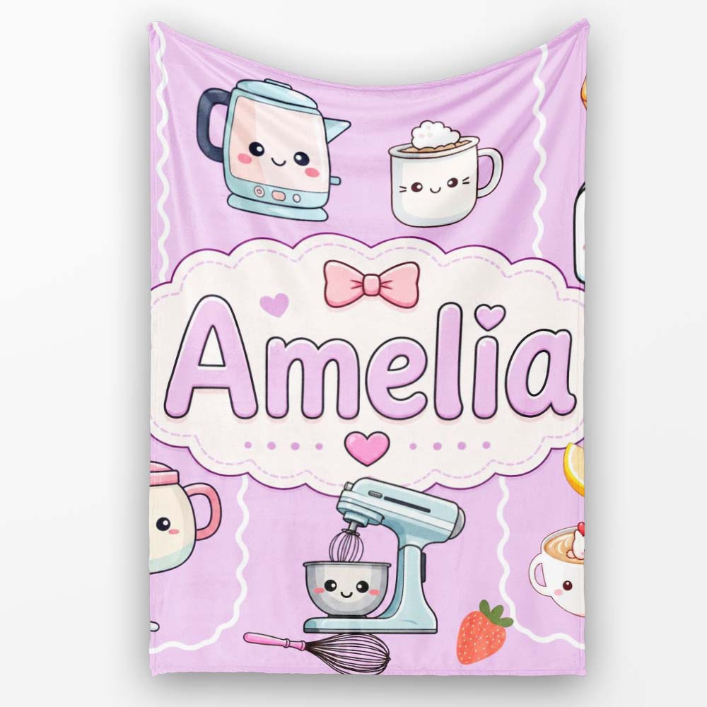 Cute Kawaii Mixer Kettle Fruits Purple Background Seamless Personalised Custom Name Super Soft Fleece Blanket Bed Sofa Throw