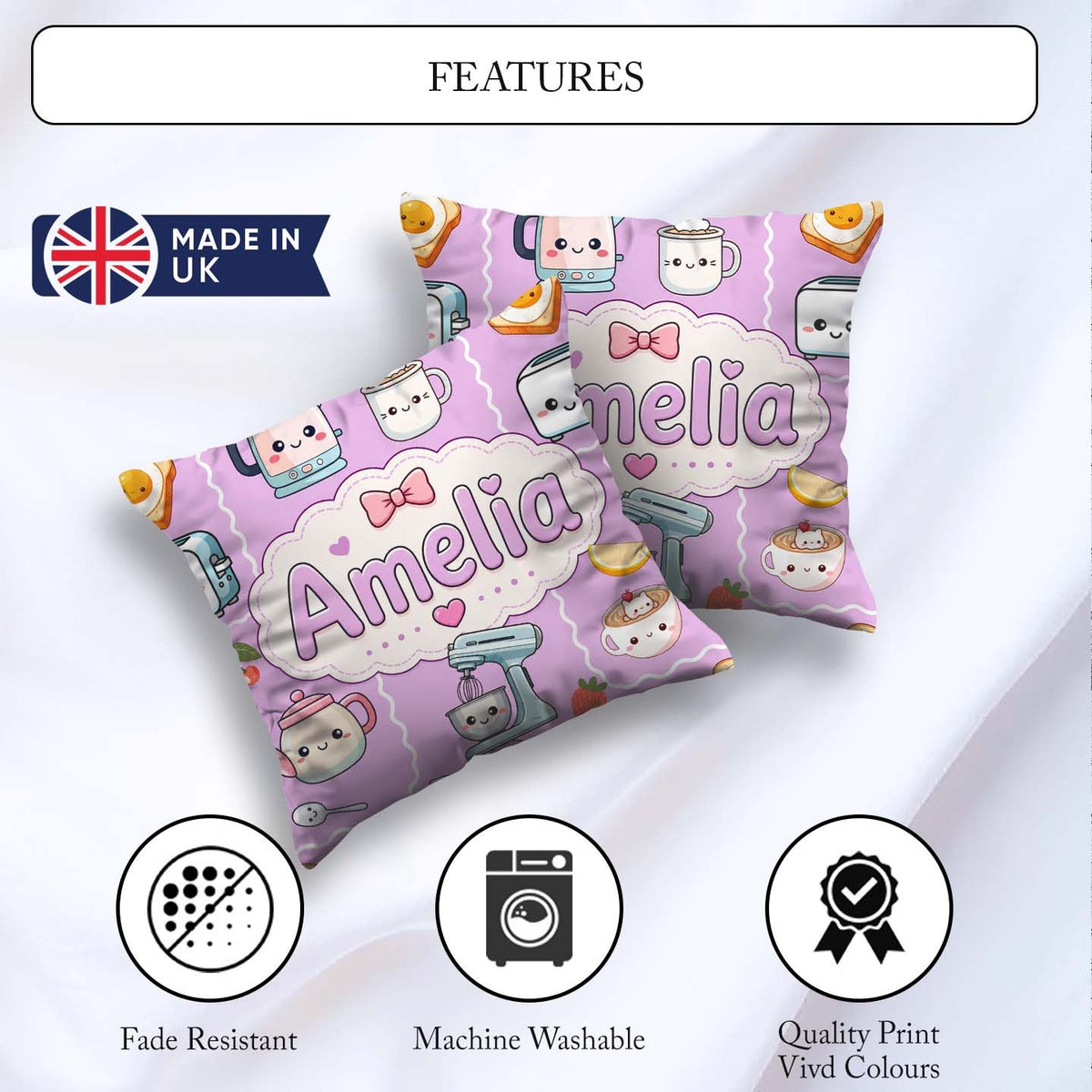 Custom Name Cute Kawaii Kettle Fruits Purple Background Seamless Square Filled Cushion Throw Pillow Sofa Bed Home Decor Zip Washable UK Made