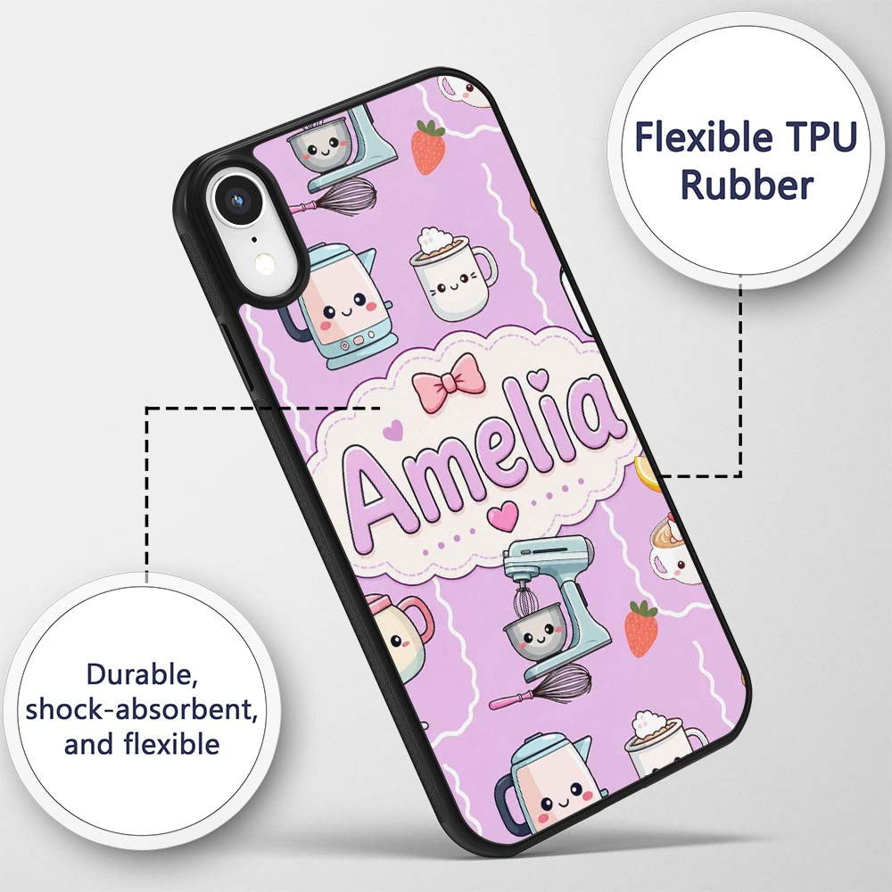 Cute Kawaii Mixer Kettle Fruits Purple Background Custom Name Protective Phone Case Mobile Cover Durable Everyday Smartphone Shock Resistant