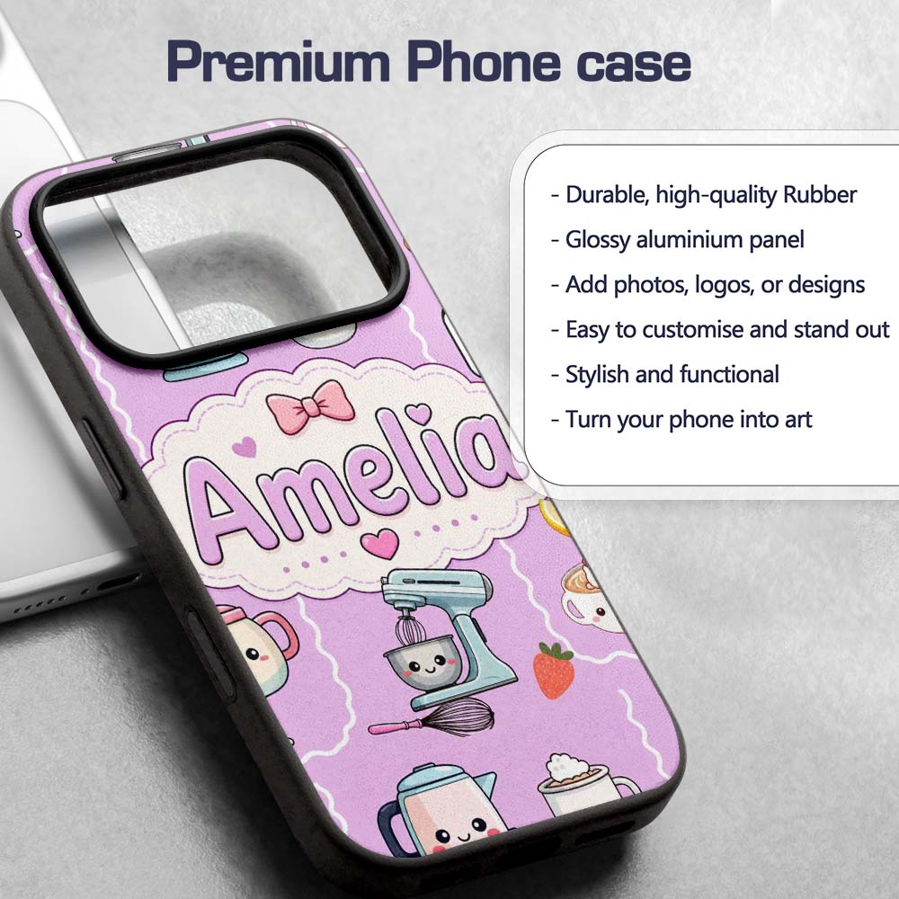 Cute Kawaii Mixer Kettle Fruits Purple Background Custom Name Protective Phone Case Mobile Cover Durable Everyday Smartphone Shock Resistant