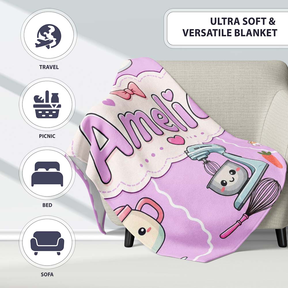 Cute Kawaii Mixer Kettle Fruits Purple Background Seamless Personalised Custom Name Super Soft Fleece Blanket Bed Sofa Throw