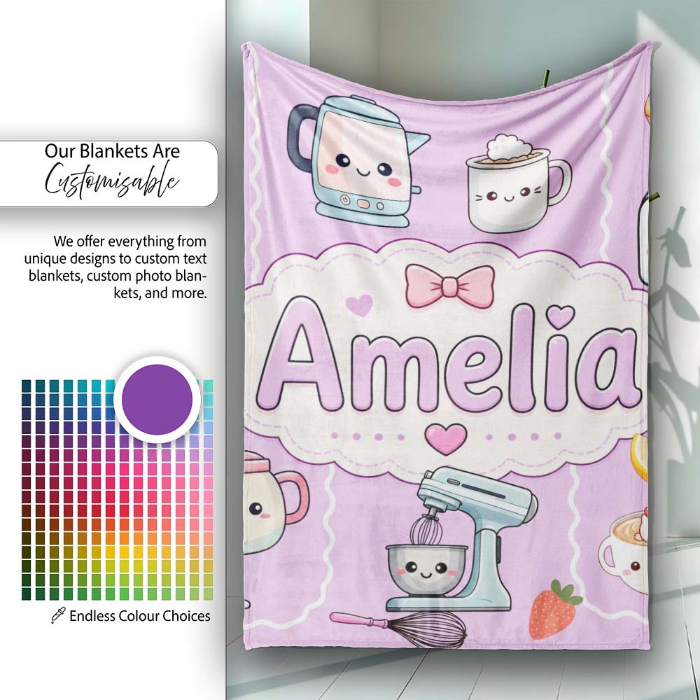 Cute Kawaii Mixer Kettle Fruits Purple Background Seamless Personalised Custom Name Super Soft Fleece Blanket Bed Sofa Throw