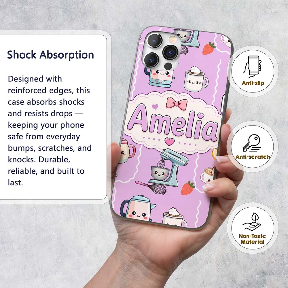 Cute Kawaii Mixer Kettle Fruits Purple Background Custom Name Protective Phone Case Mobile Cover Durable Everyday Smartphone Shock Resistant