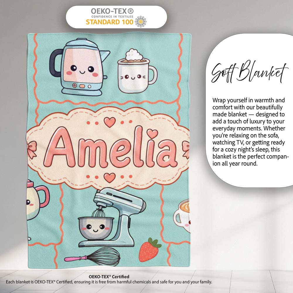 Cute Kawaii Mixer Kettle Fruits Mint Background Seamless Personalised Custom Name Super Soft Fleece Blanket Bed Sofa Throw