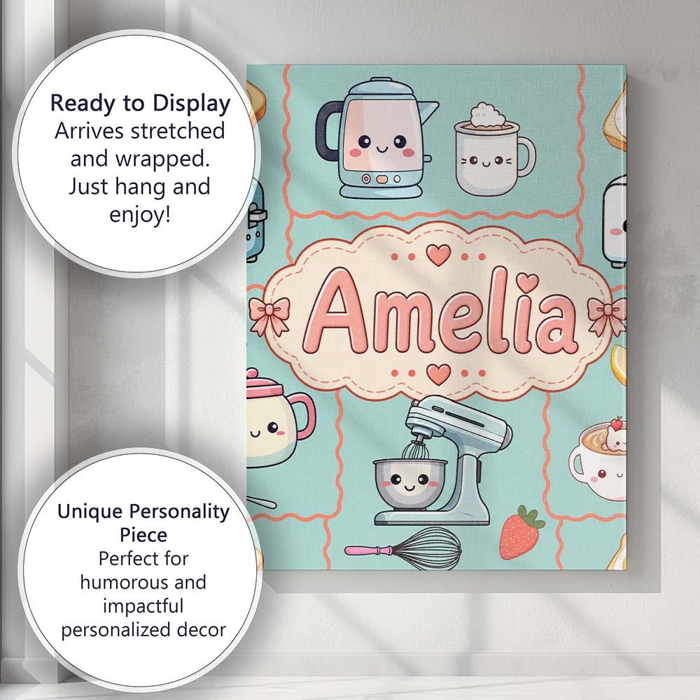 Personalised Name Cute Kawaii Mixer Kettle Custom Unique Gift Idea Elegant Feature Canvas Wall Art Print Decor Picture Ready to Hang