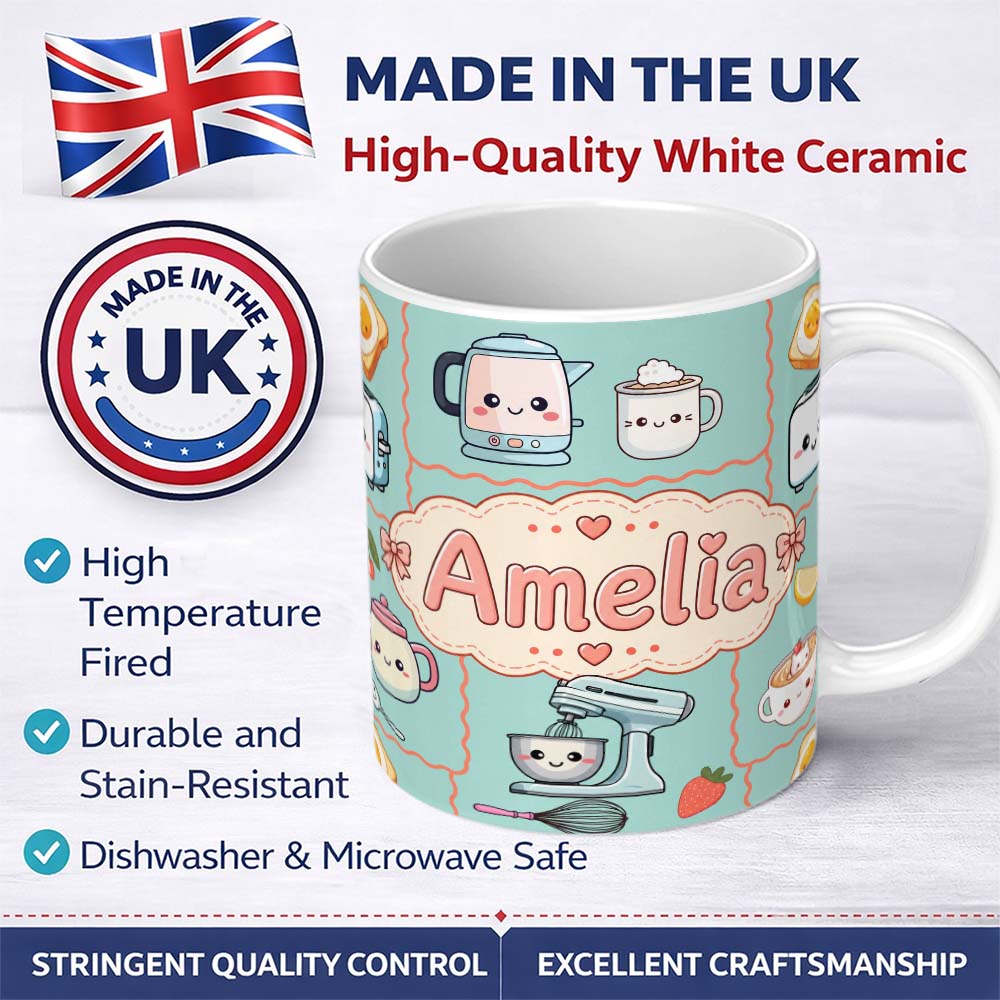 Personalized Custom Name Cute Kawaii Kitchen Mixer Kettle Fruits Mint Background Seamless 11oz Ceramic Coffee Tea Mug White Large Handle