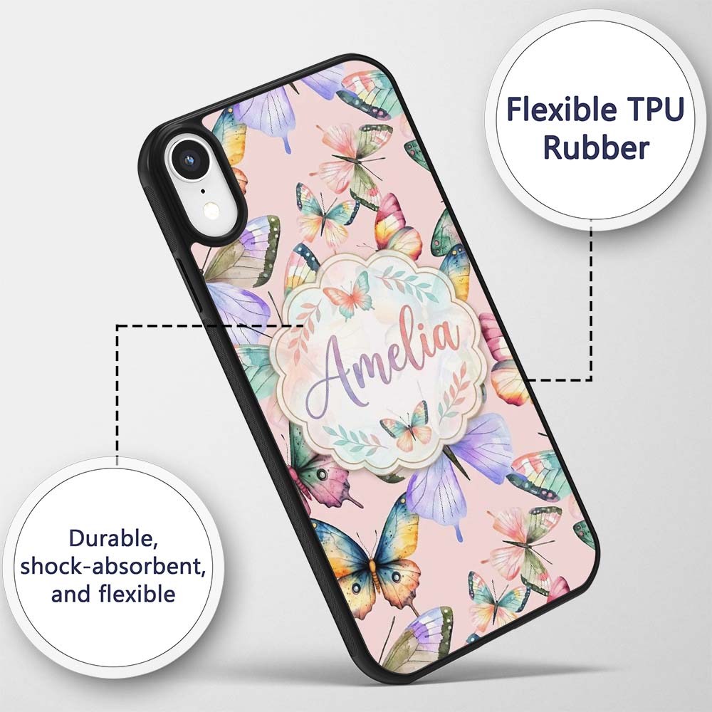 Pastel Watercolor Butterflies Printed Design Custom Name Protective Phone Case Mobile Cover Durable Everyday Smartphone Shock Resistant