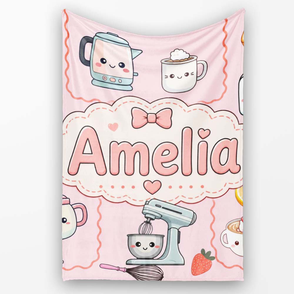 Cute Kawaii Mixer Kettle Fruits Pink Background Seamless Personalised Custom Name Super Soft Fleece Blanket Bed Sofa Throw