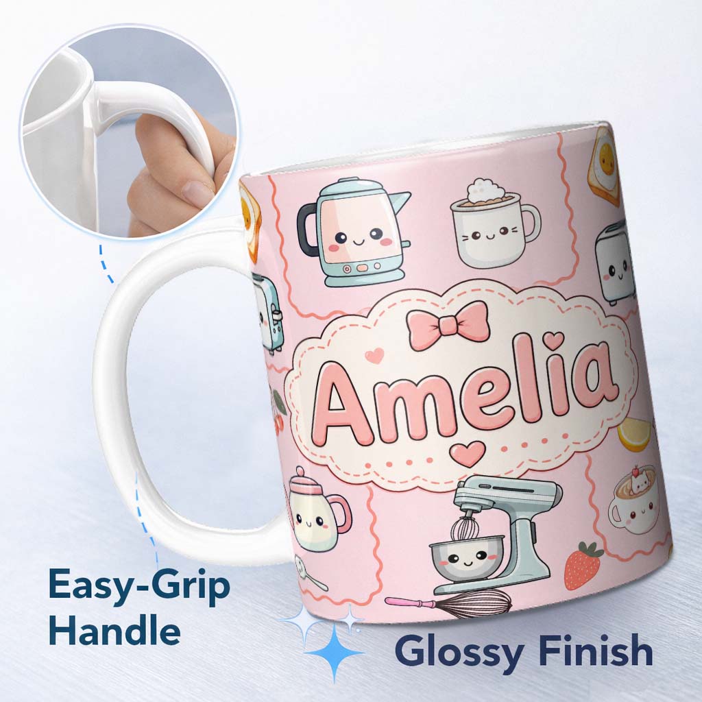 Personalized Custom Name Cute Kawaii Kitchen Mixer Kettle Fruits Pink Background Seamless 11oz Ceramic Coffee Tea Mug White Large Handle