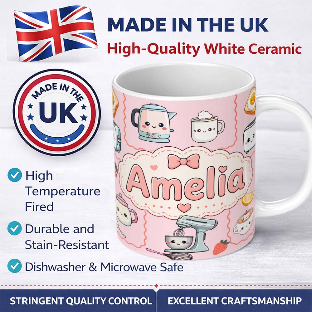 Personalized Custom Name Cute Kawaii Kitchen Mixer Kettle Fruits Pink Background Seamless 11oz Ceramic Coffee Tea Mug White Large Handle