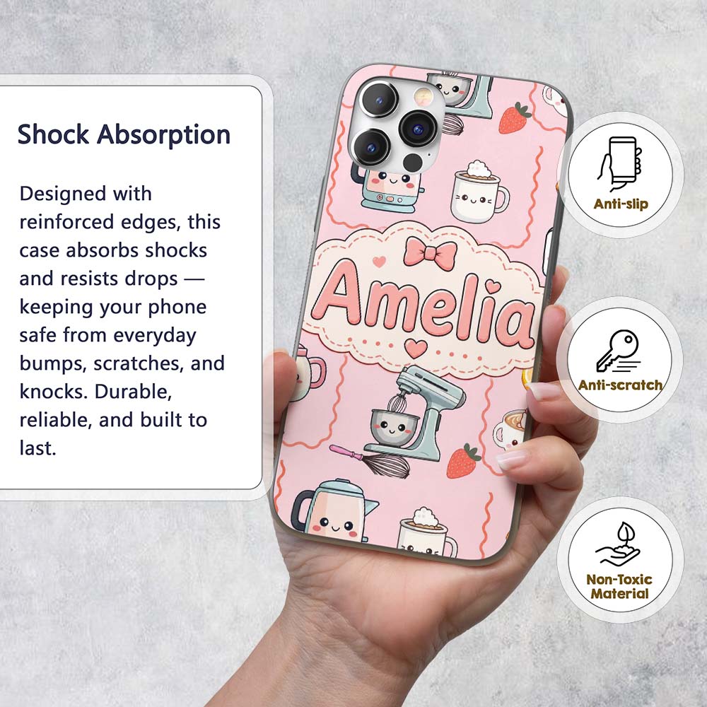 Cute Kawaii Mixer Kettle Fruits Pink Background Custom Name Protective Phone Case Mobile Cover Durable Everyday Smartphone Shock Resistant
