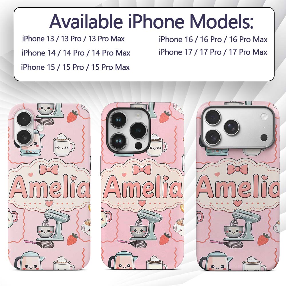 Cute Kawaii Mixer Kettle Fruits Pink Background Custom Name Protective Phone Case Mobile Cover Durable Everyday Smartphone Shock Resistant