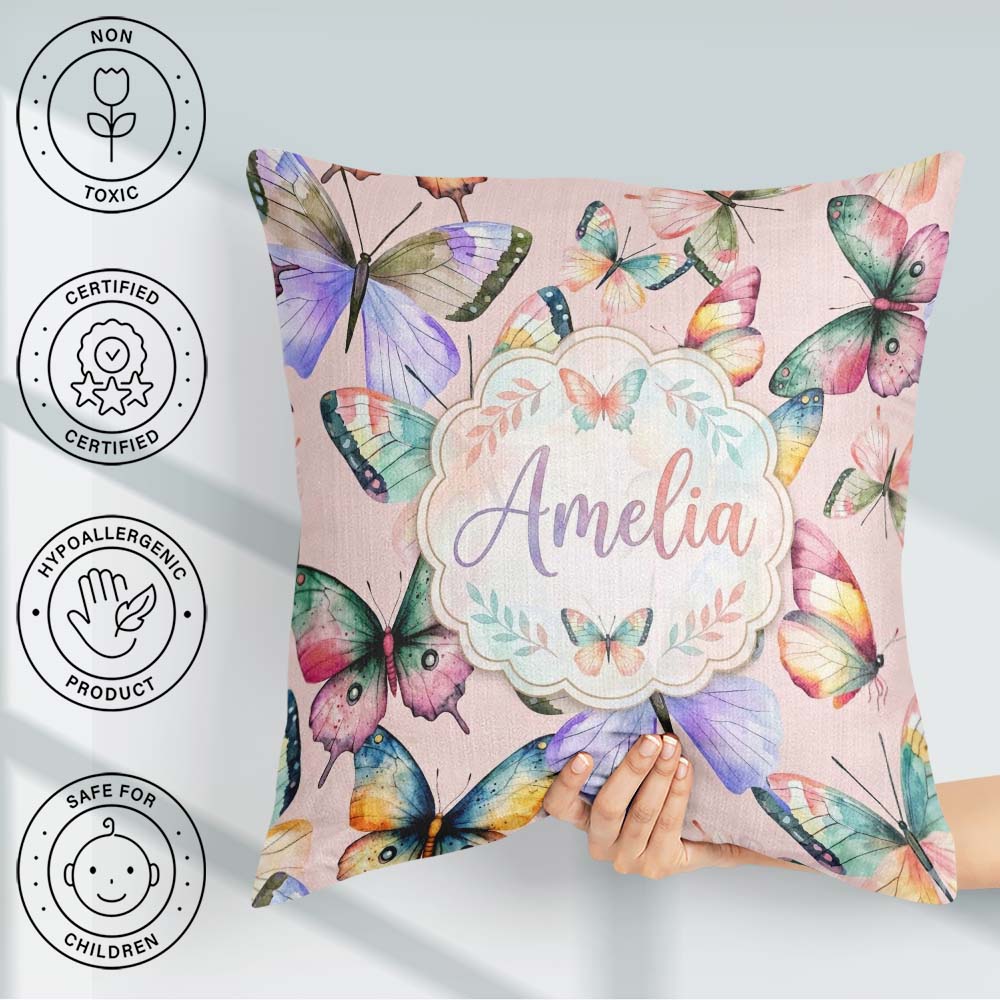 Custom Name Watercolor Butterflies Blush Pink Background Pattern Square Filled Cushion Throw Pillow Sofa Bed Home Decor Zip Washable UK Made