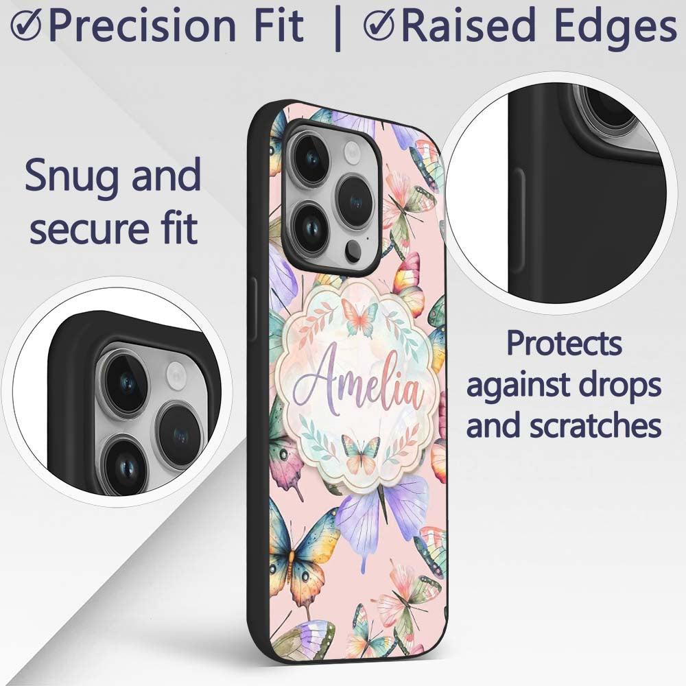 Pastel Watercolor Butterflies Printed Design Custom Name Protective Phone Case Mobile Cover Durable Everyday Smartphone Shock Resistant