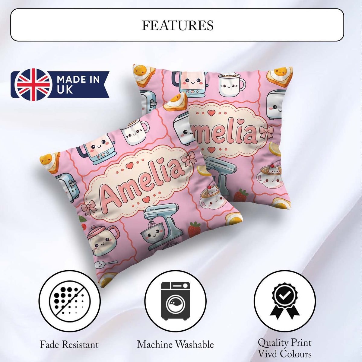Custom Name Kawaii Mixer Kettle Fruits Blush Pink Background Square Filled Cushion Throw Pillow Sofa Bed Home Decor Zip Washable UK Made