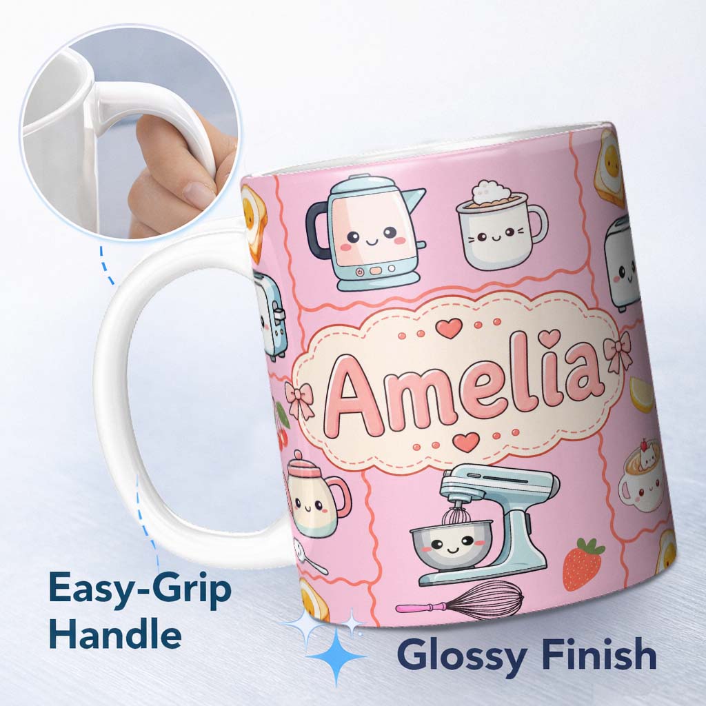 Personalized Custom Name Cute Kawaii Kitchen Mixer Kettle Fruits Blush Pink Background 11oz Ceramic Coffee Tea Mug White Large Handle