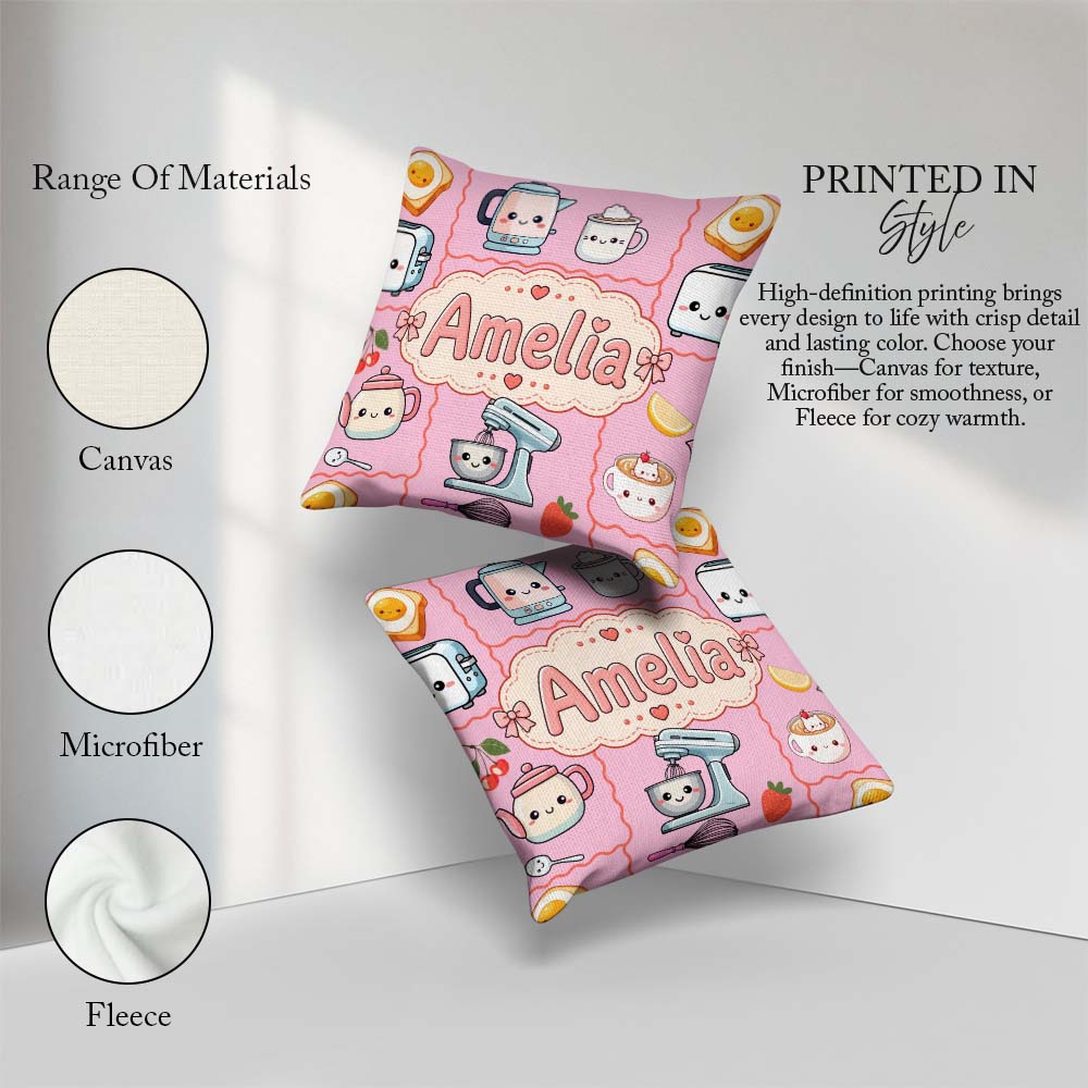 Custom Name Kawaii Mixer Kettle Fruits Blush Pink Background Square Filled Cushion Throw Pillow Sofa Bed Home Decor Zip Washable UK Made