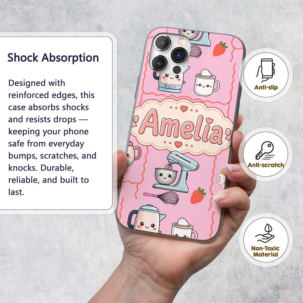 Cute Kawaii Mixer Kettle Fruits Printed Design Custom Name Protective Phone Case Mobile Cover Durable Everyday Smartphone Shock Resistant