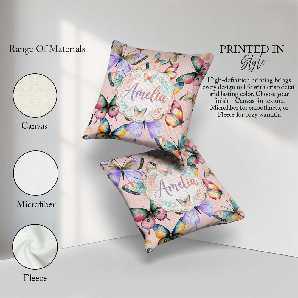 Custom Name Watercolor Butterflies Blush Pink Background Pattern Square Filled Cushion Throw Pillow Sofa Bed Home Decor Zip Washable UK Made