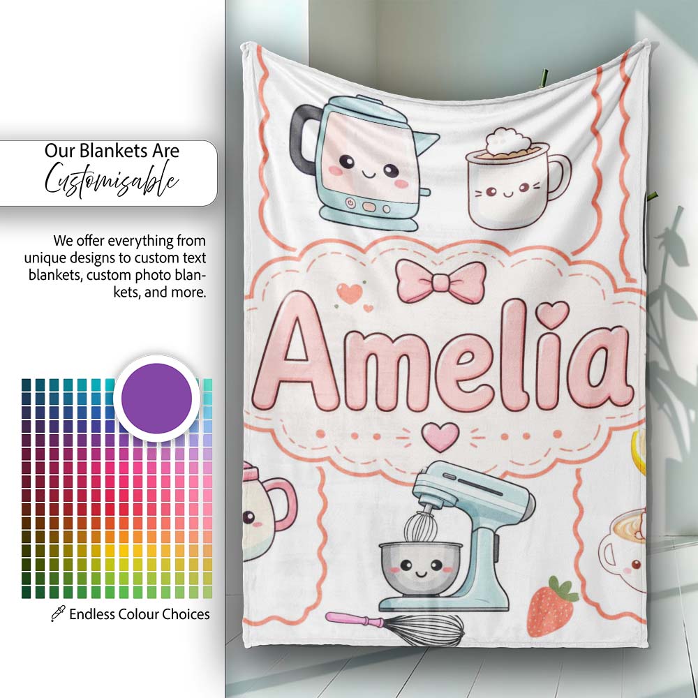Cute Kawaii Mixer Kettle Fruits Light Grey Background Personalised Custom Name Super Soft Fleece Blanket Bed Sofa Throw