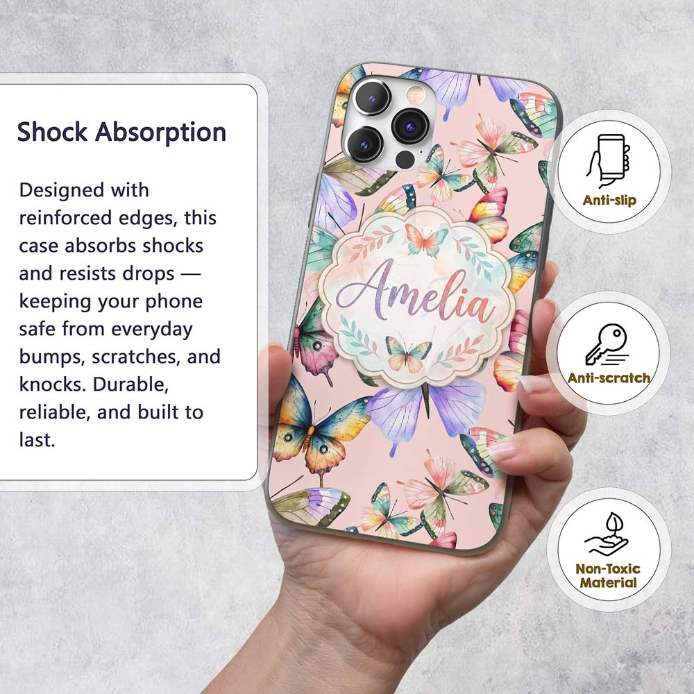 Pastel Watercolor Butterflies Printed Design Custom Name Protective Phone Case Mobile Cover Durable Everyday Smartphone Shock Resistant
