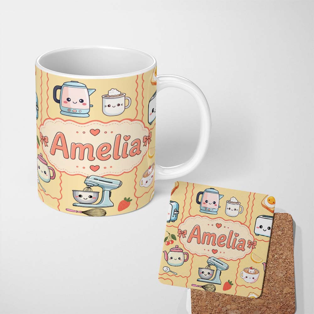 Personalized Custom Name Cute Kawaii Kitchen Mixer Kettle Fruits Yellow Background Seamless 11oz Ceramic Coffee Tea Mug White Large Handle