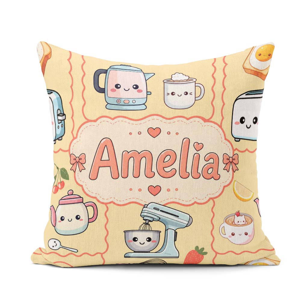 Custom Name Cute Kawaii Kettle Fruits Yellow Background Seamless Square Filled Cushion Throw Pillow Sofa Bed Home Decor Zip Washable UK Made