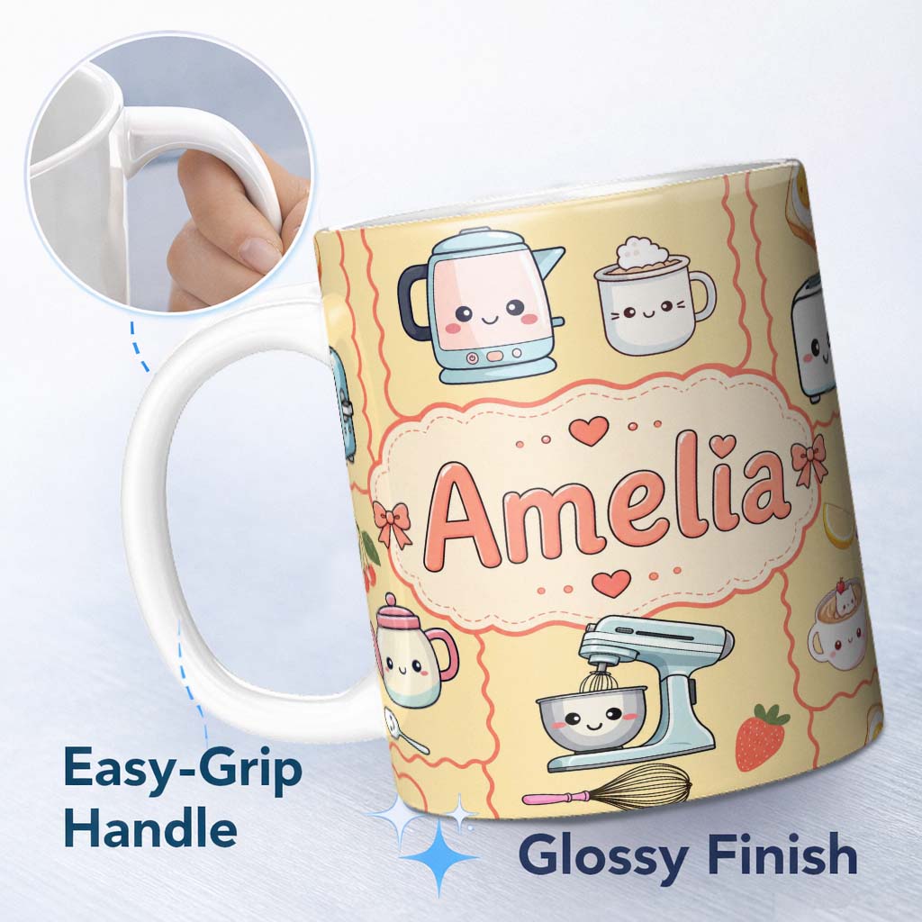 Personalized Custom Name Cute Kawaii Kitchen Mixer Kettle Fruits Yellow Background Seamless 11oz Ceramic Coffee Tea Mug White Large Handle