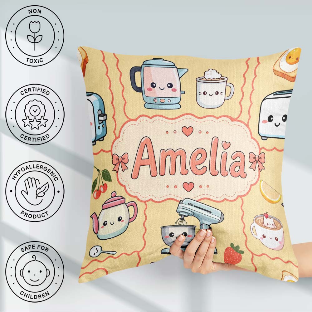 Custom Name Cute Kawaii Kettle Fruits Yellow Background Seamless Square Filled Cushion Throw Pillow Sofa Bed Home Decor Zip Washable UK Made