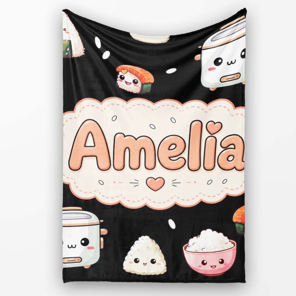 Cute Kawaii Sushi Rice Cooker Bowl Black Background Seamless Personalised Custom Name Super Soft Fleece Blanket Bed Sofa Throw