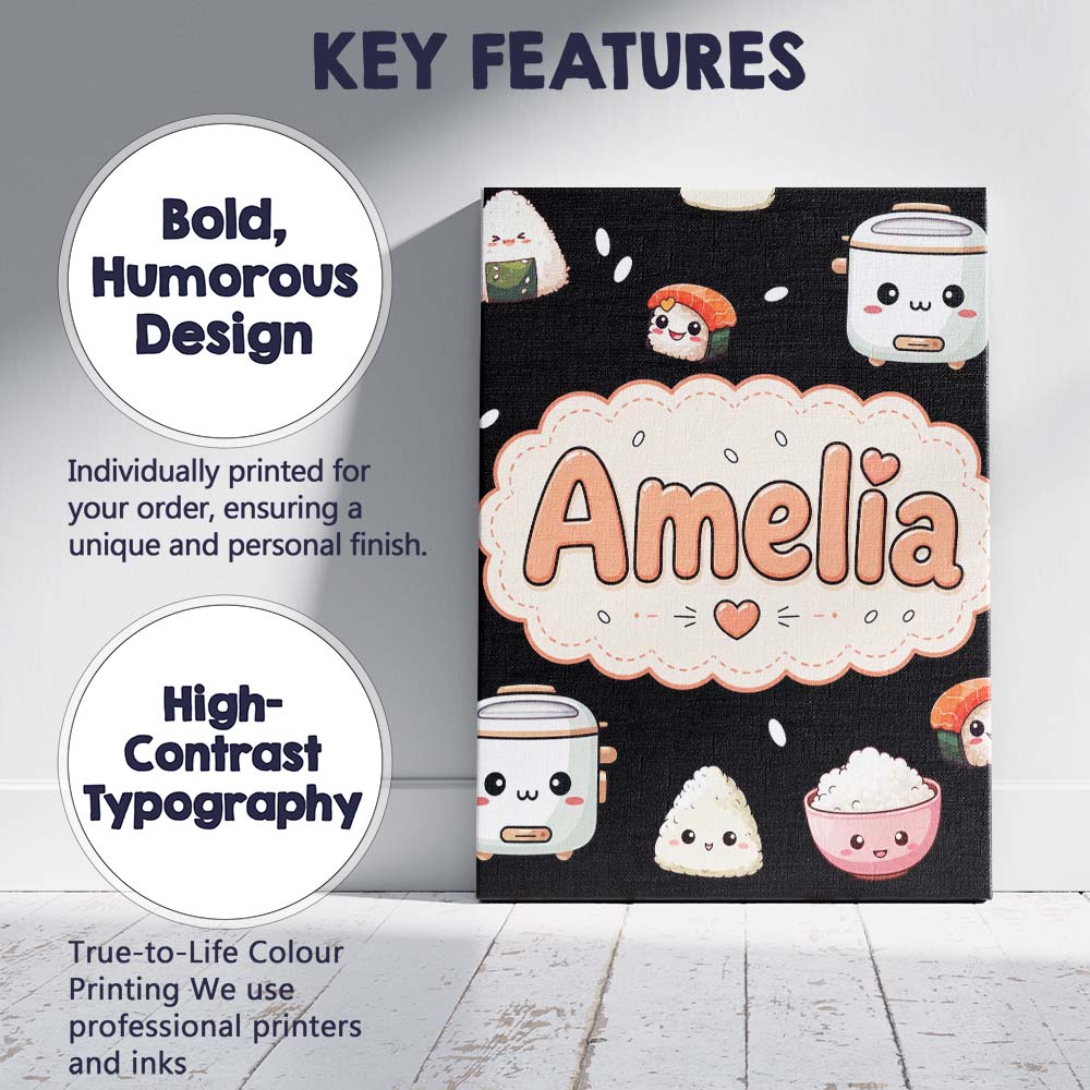 Personalised Name Cute Kawaii Sushi Rice Custom Unique Gift Idea Elegant Feature Canvas Wall Art Print Decor Picture Ready to Hang