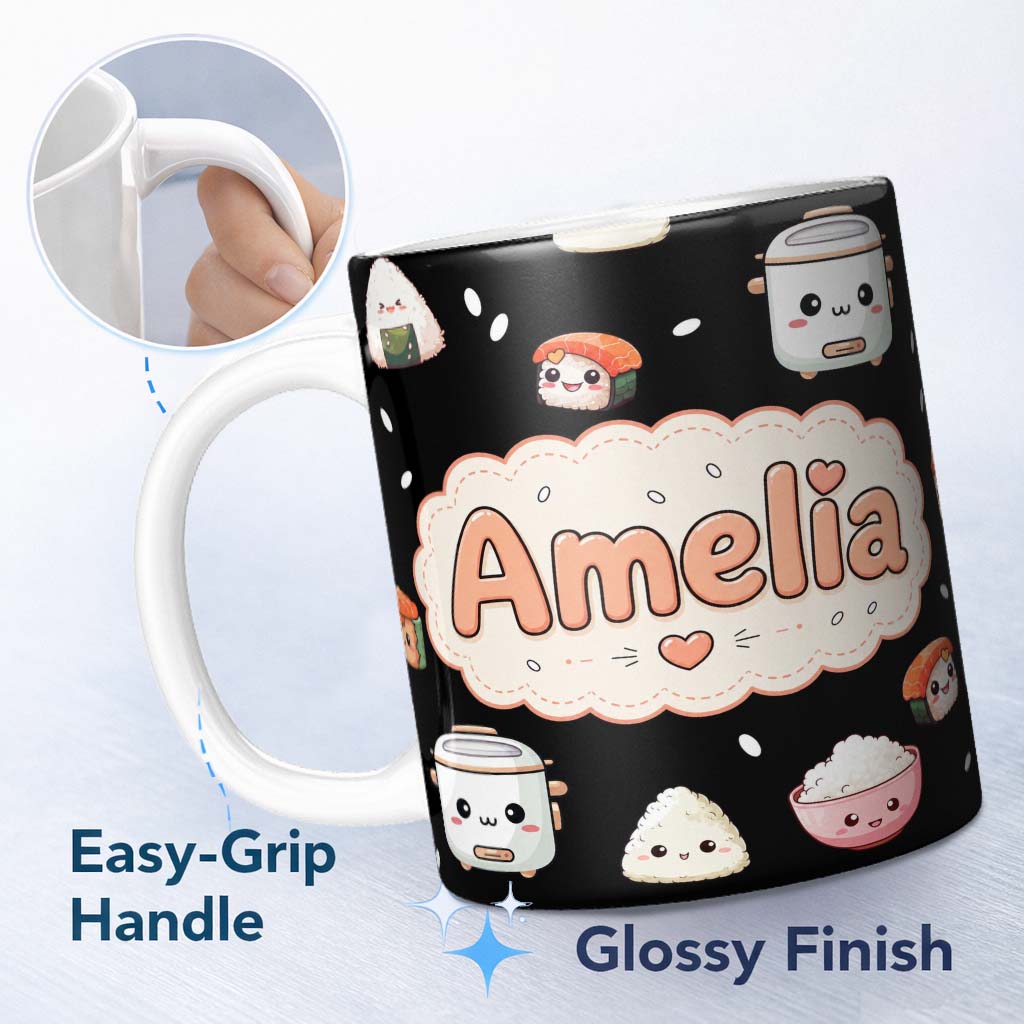 Personalized Custom Name Cute Kawaii Sushi Rice Cooker Bowl Black Background Seamless 11oz Ceramic Coffee Tea Mug White Large Handle