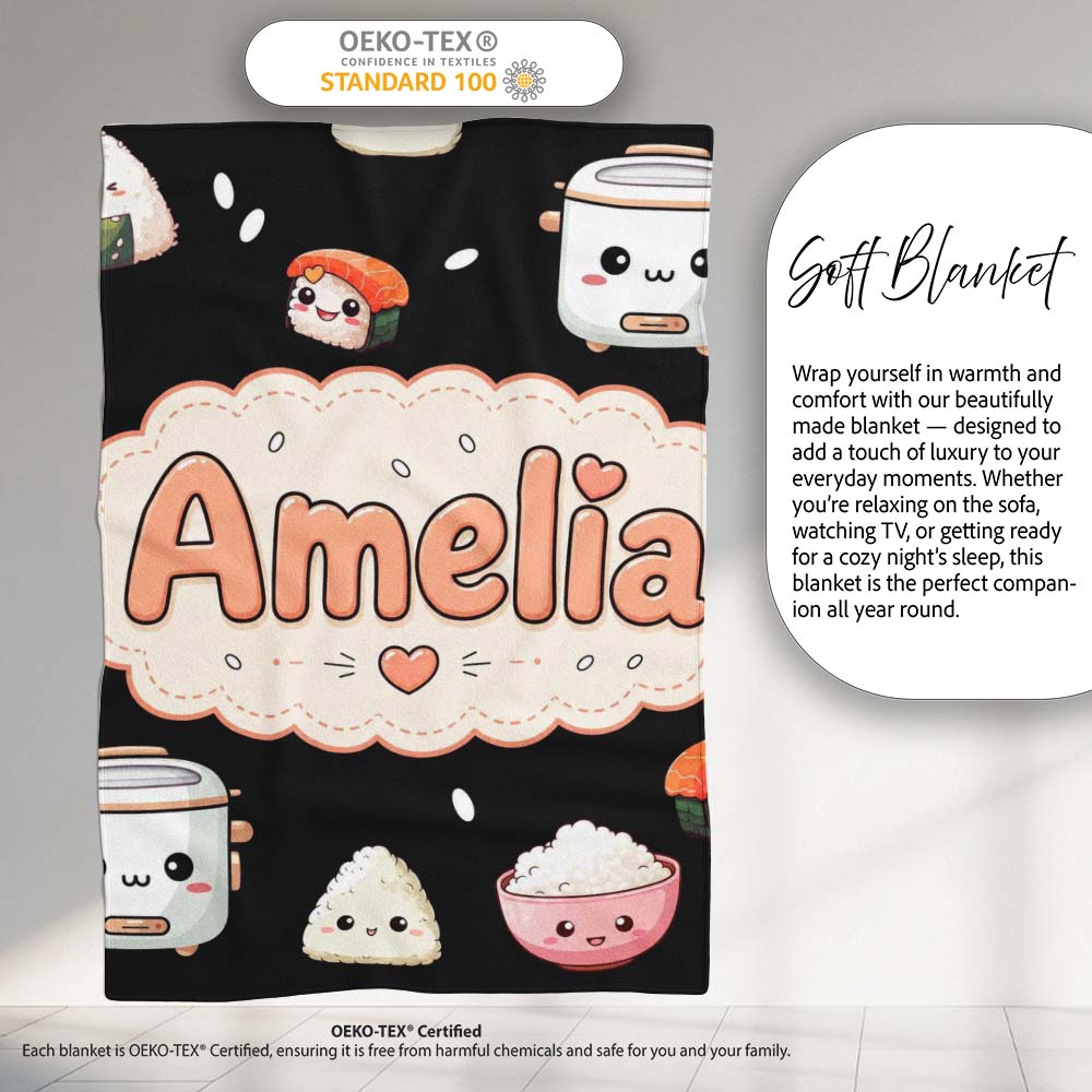Cute Kawaii Sushi Rice Cooker Bowl Black Background Seamless Personalised Custom Name Super Soft Fleece Blanket Bed Sofa Throw