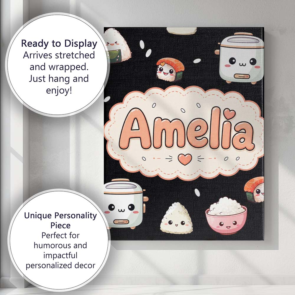 Personalised Name Cute Kawaii Sushi Rice Custom Unique Gift Idea Elegant Feature Canvas Wall Art Print Decor Picture Ready to Hang