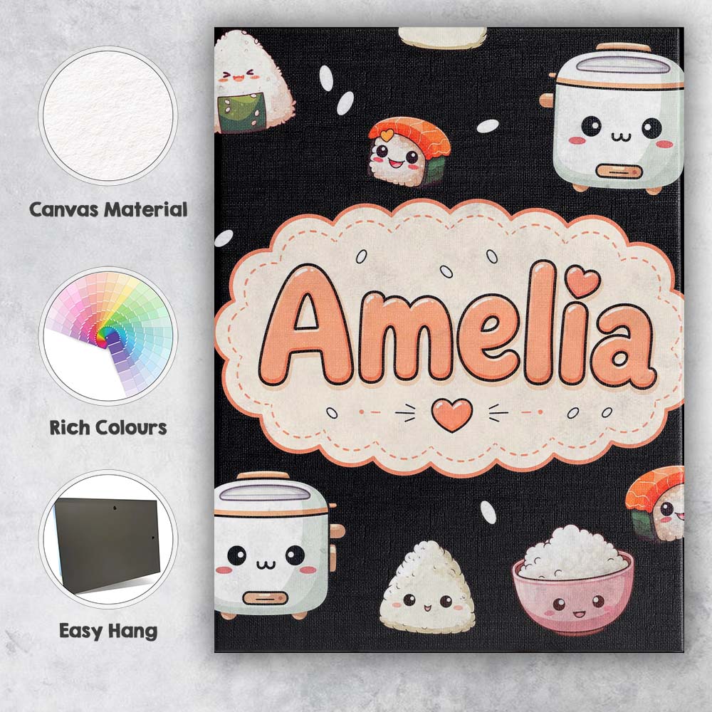 Personalised Name Cute Kawaii Sushi Rice Custom Unique Gift Idea Elegant Feature Canvas Wall Art Print Decor Picture Ready to Hang