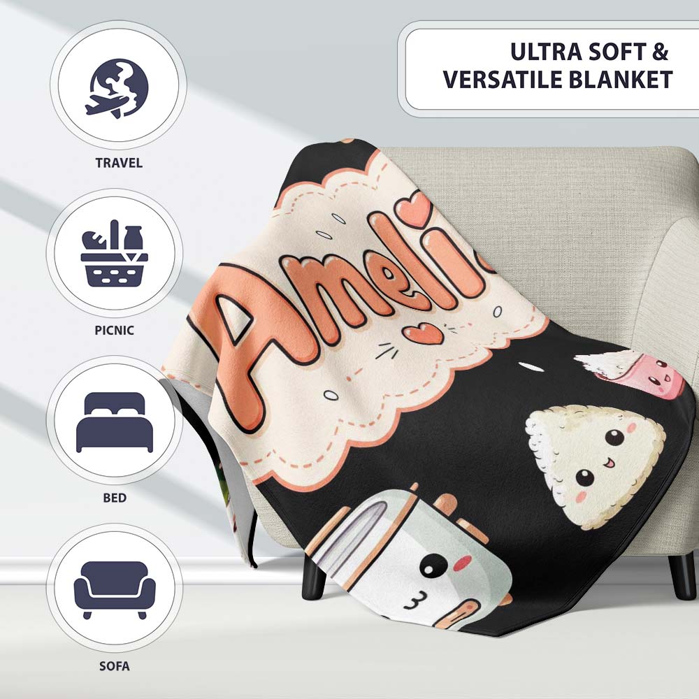 Cute Kawaii Sushi Rice Cooker Bowl Black Background Seamless Personalised Custom Name Super Soft Fleece Blanket Bed Sofa Throw