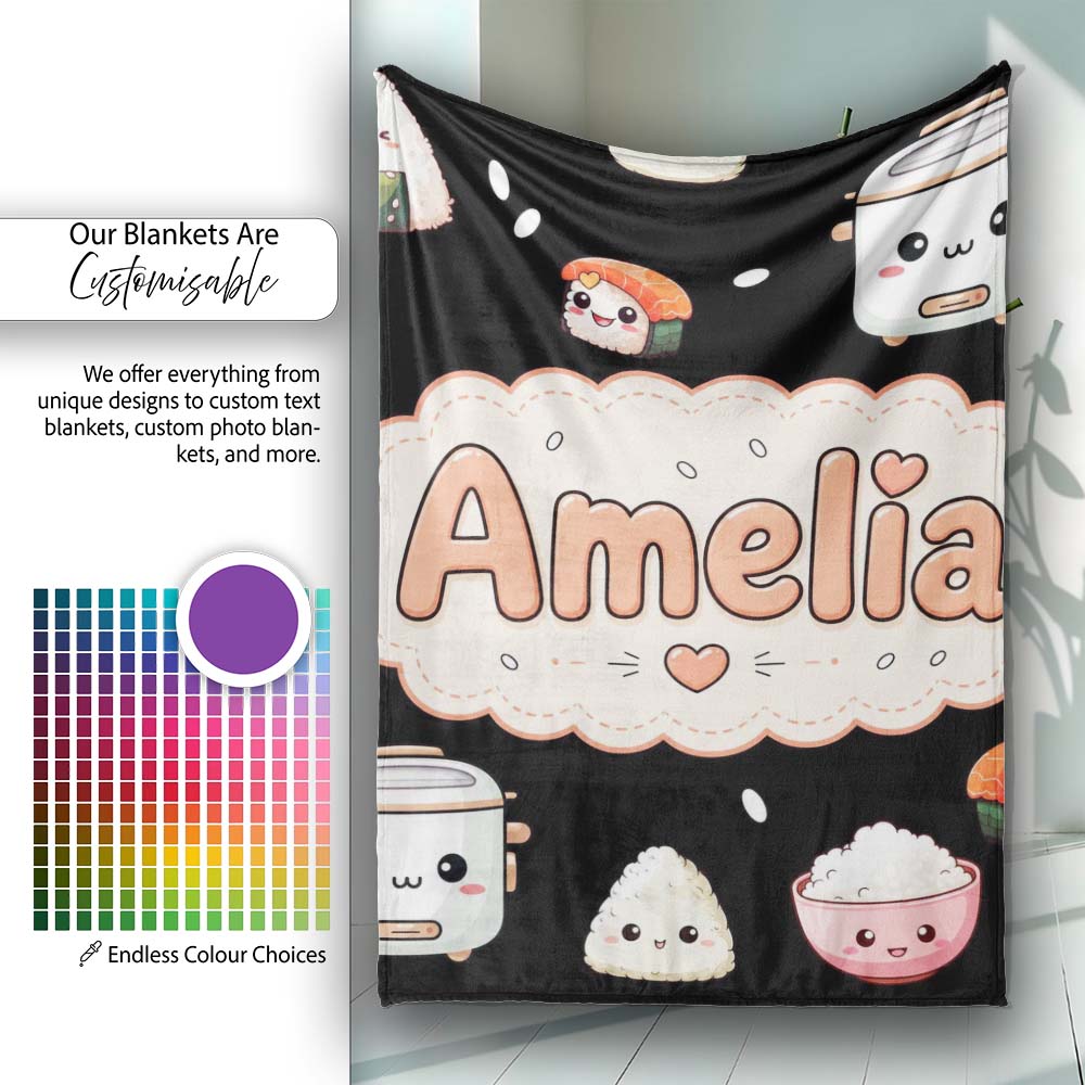 Cute Kawaii Sushi Rice Cooker Bowl Black Background Seamless Personalised Custom Name Super Soft Fleece Blanket Bed Sofa Throw