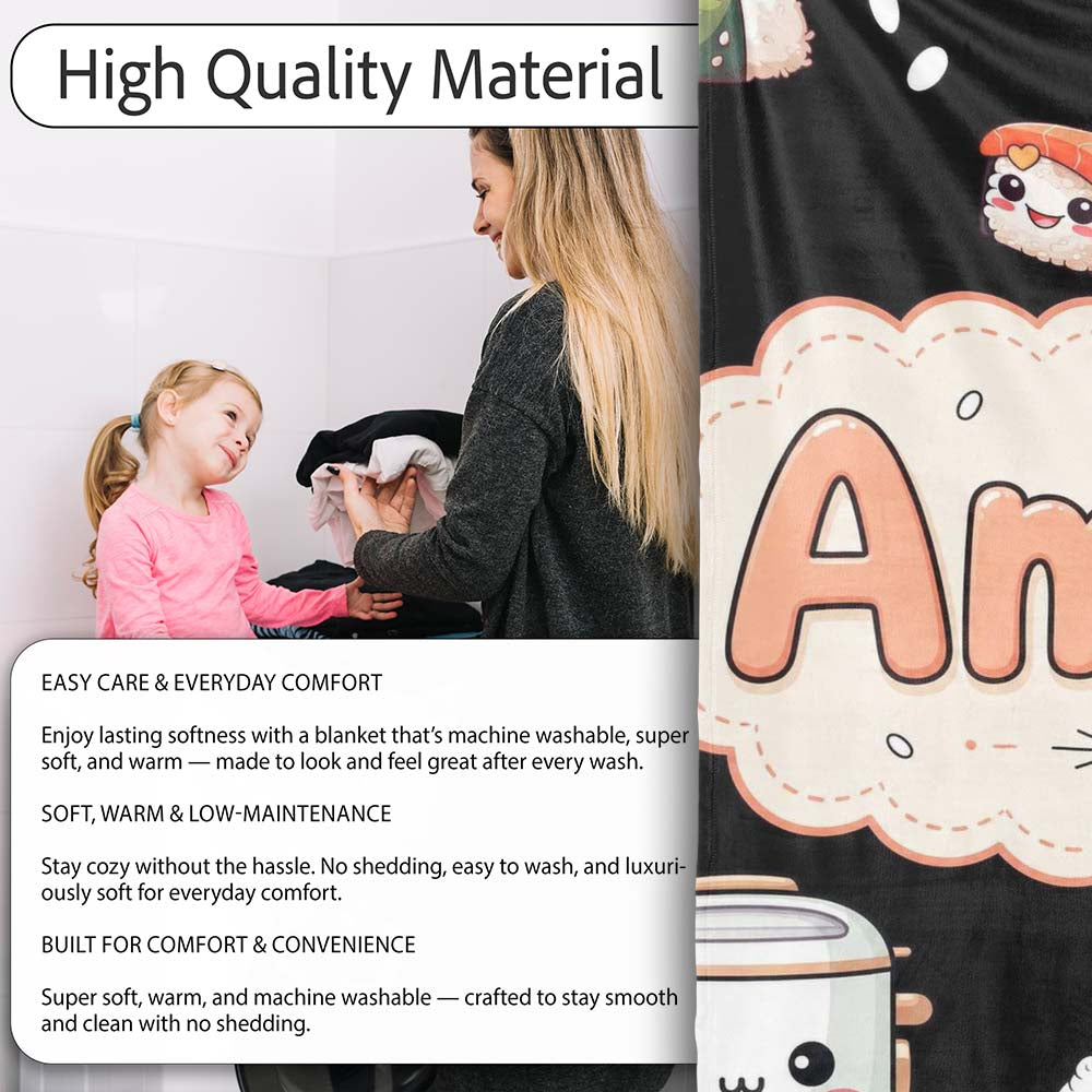 Cute Kawaii Sushi Rice Cooker Bowl Black Background Seamless Personalised Custom Name Super Soft Fleece Blanket Bed Sofa Throw