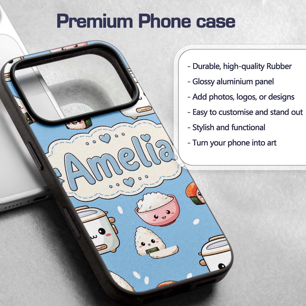 Cute Kawaii Sushi Rice Cooker Bowl Printed Design Custom Name Protective Phone Case Mobile Cover Durable Everyday Smartphone Shock Resistant
