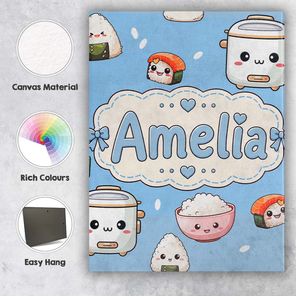 Personalised Name Cute Kawaii Sushi Rice Custom Unique Gift Idea Elegant Feature Canvas Wall Art Print Decor Picture Ready to Hang