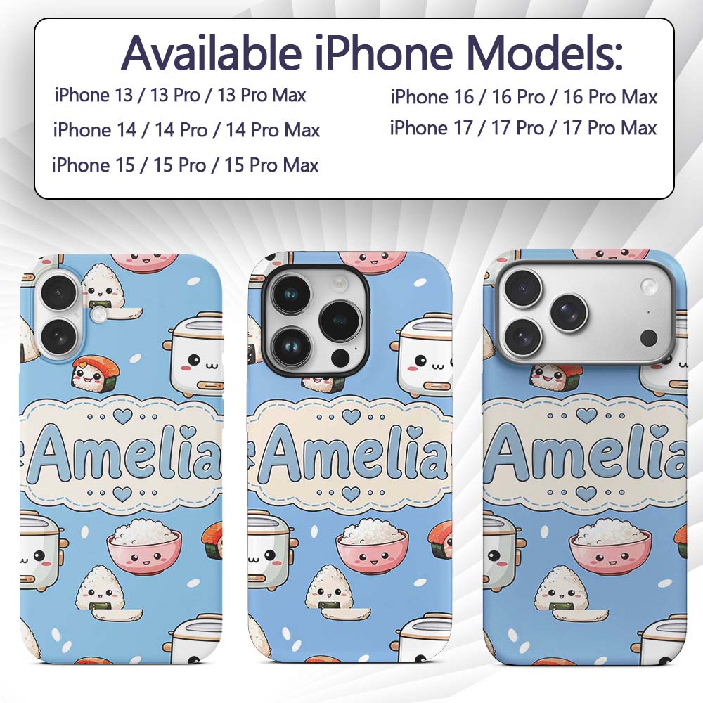 Cute Kawaii Sushi Rice Cooker Bowl Printed Design Custom Name Protective Phone Case Mobile Cover Durable Everyday Smartphone Shock Resistant