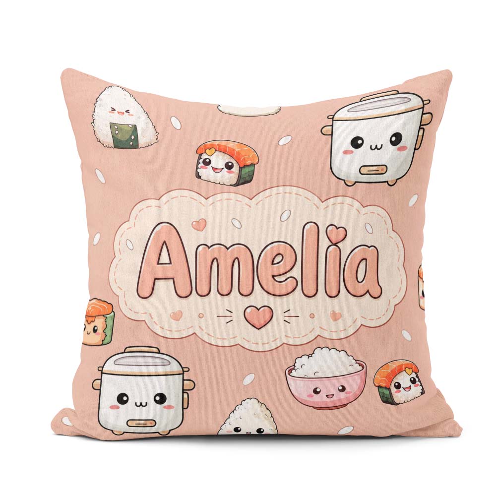 Custom Name Cute Kawaii Sushi Rice Cooker Bowl Peach Background Square Filled Cushion Throw Pillow Sofa Bed Home Decor Zip Washable UK Made