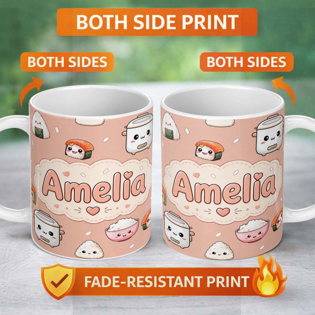 Personalized Custom Name Cute Kawaii Sushi Rice Cooker Bowl Peach Background Seamless 11oz Ceramic Coffee Tea Mug White Large Handle