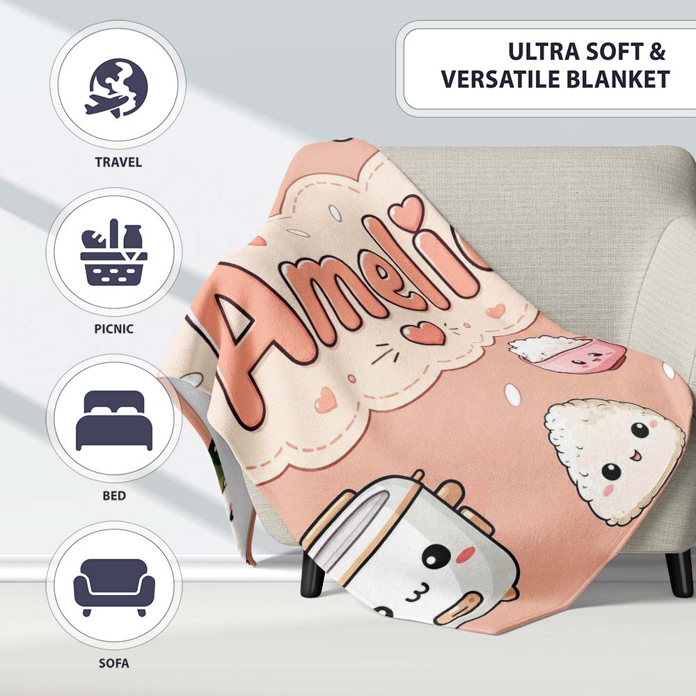 Cute Kawaii Sushi Rice Cooker Bowl Peach Background Seamless Personalised Custom Name Super Soft Fleece Blanket Bed Sofa Throw