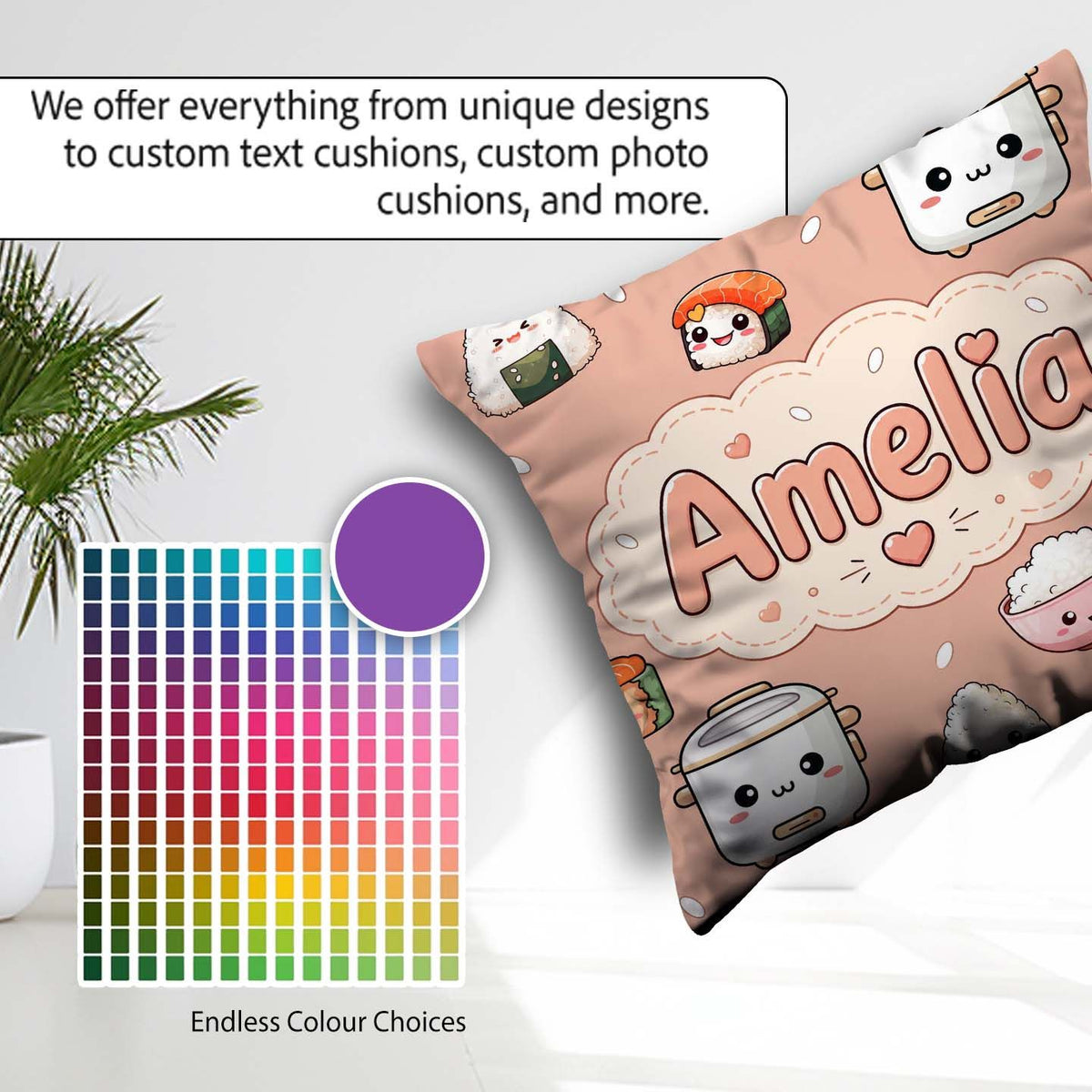 Custom Name Cute Kawaii Sushi Rice Cooker Bowl Peach Background Square Filled Cushion Throw Pillow Sofa Bed Home Decor Zip Washable UK Made