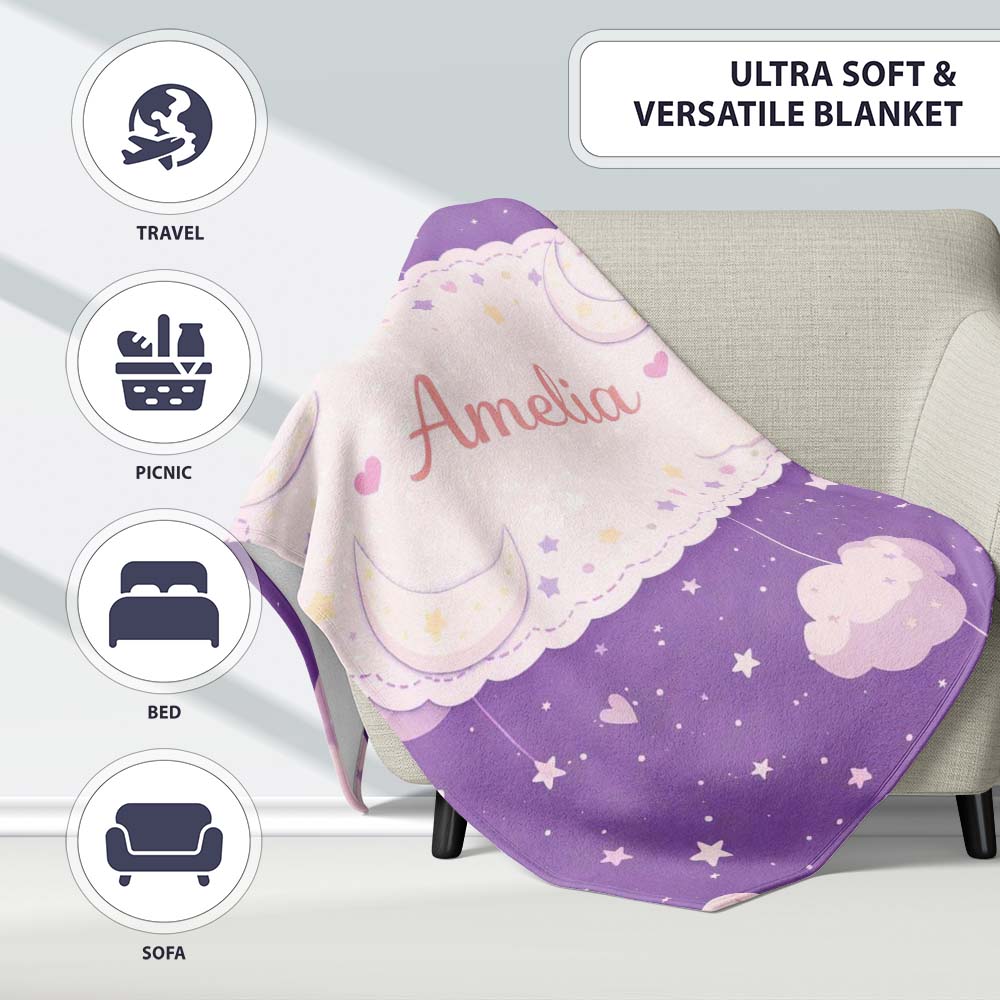 Purple Night Sky Moon Hanging Stars Cute Seamless Pattern Lovely Personalised Custom Name Super Soft Fleece Blanket Bed Sofa Throw