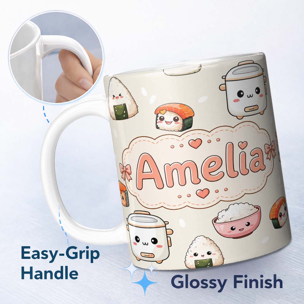 Personalized Custom Name Cute Kawaii Sushi Rice Cooker Bowl Cream Background Seamless 11oz Ceramic Coffee Tea Mug White Large Handle