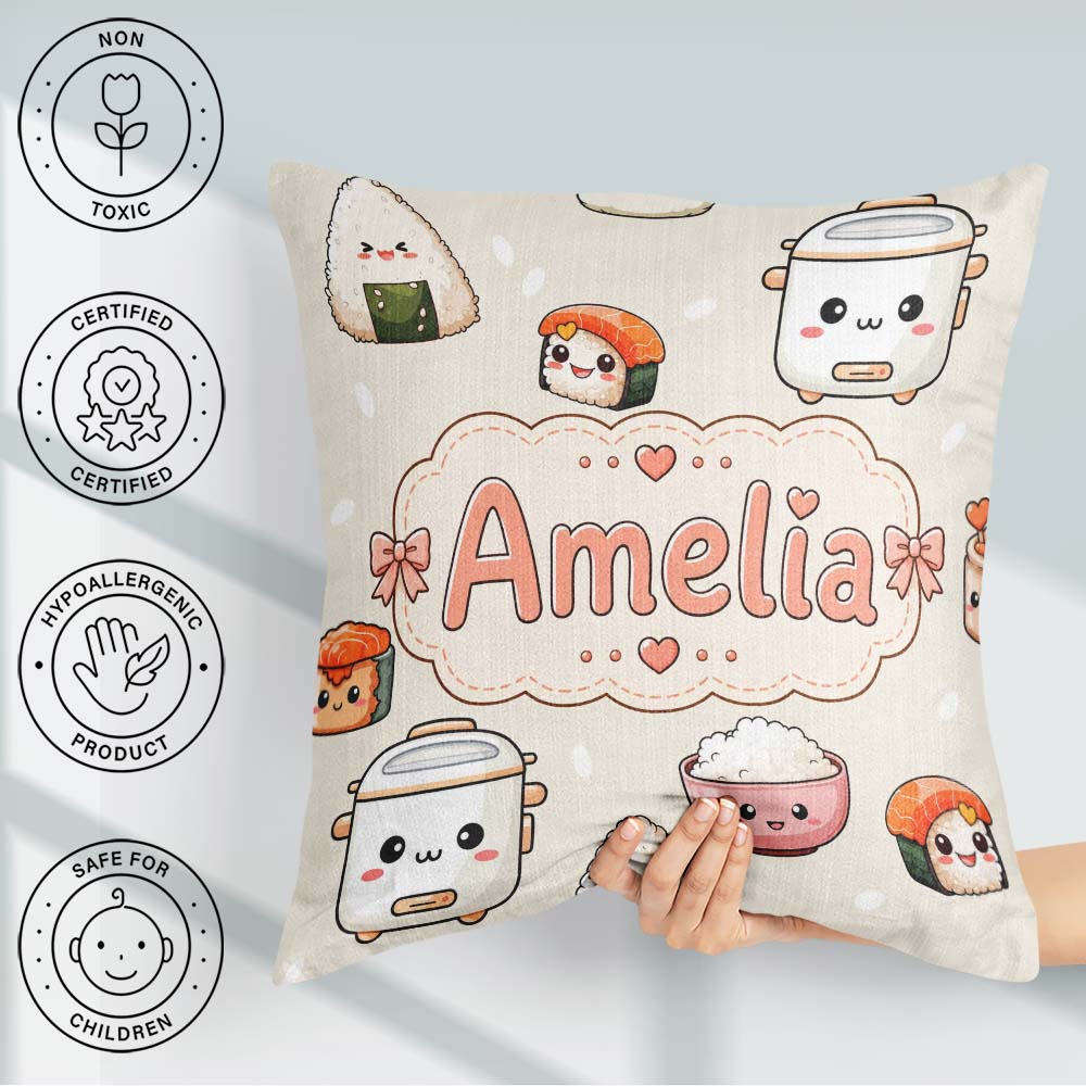 Custom Name Cute Kawaii Sushi Rice Cooker Bowl Cream Background Square Filled Cushion Throw Pillow Sofa Bed Home Decor Zip Washable UK Made