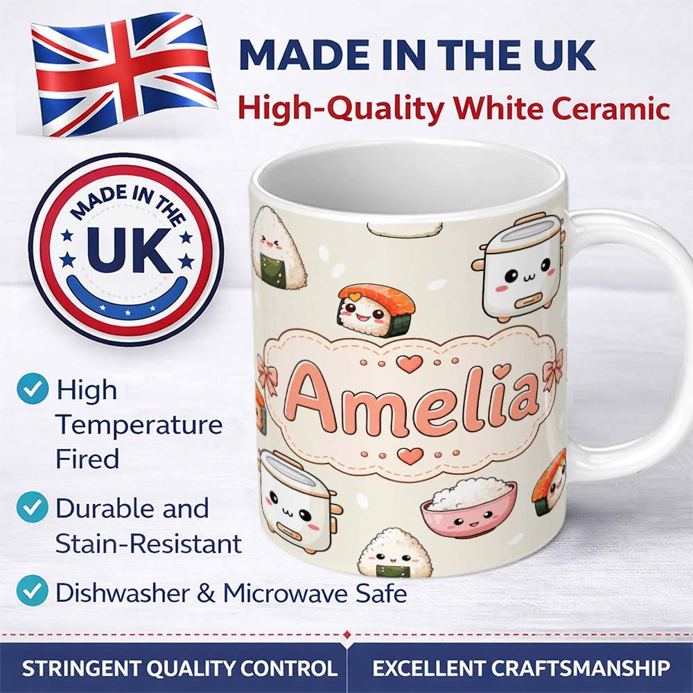 Personalized Custom Name Cute Kawaii Sushi Rice Cooker Bowl Cream Background Seamless 11oz Ceramic Coffee Tea Mug White Large Handle