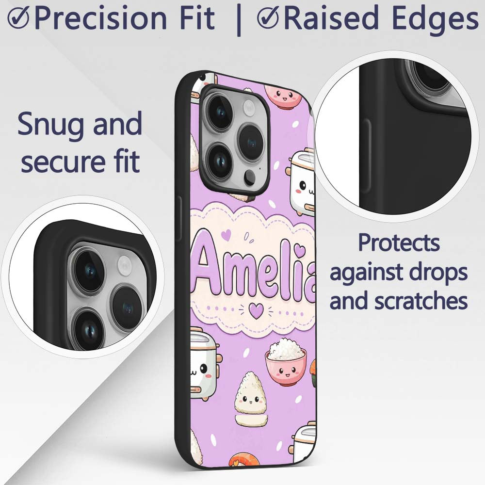 Cute Kawaii Sushi Rice Cooker Bowl Printed Design Custom Name Protective Phone Case Mobile Cover Durable Everyday Smartphone Shock Resistant
